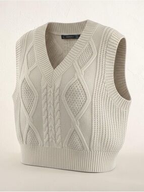 Hesperus Cream Cable Knit Crop Sweater Vest V-Neck XS